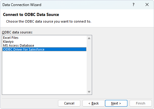 Choose the ODBC data source in the Data Connection Wizard