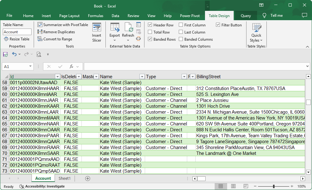 Retrieved table data in Excel