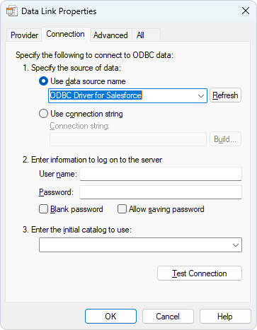 Specify the data source name in Data link Properties