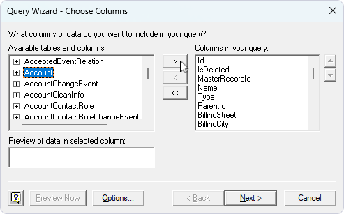 Select tables and/or columns for import
