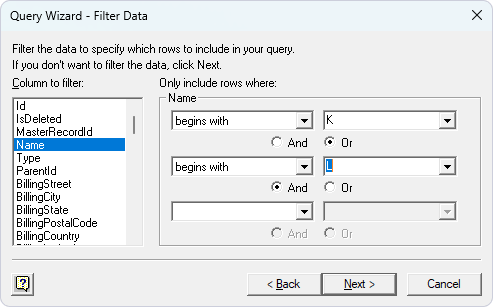 Filter data in the Query Wizard