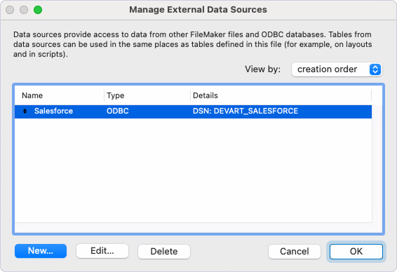 The Manage External Data Sources dialog with an added data source