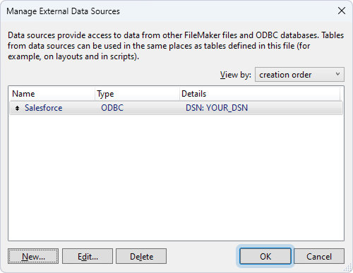 The Manage External Data Sources dialog with an added data source