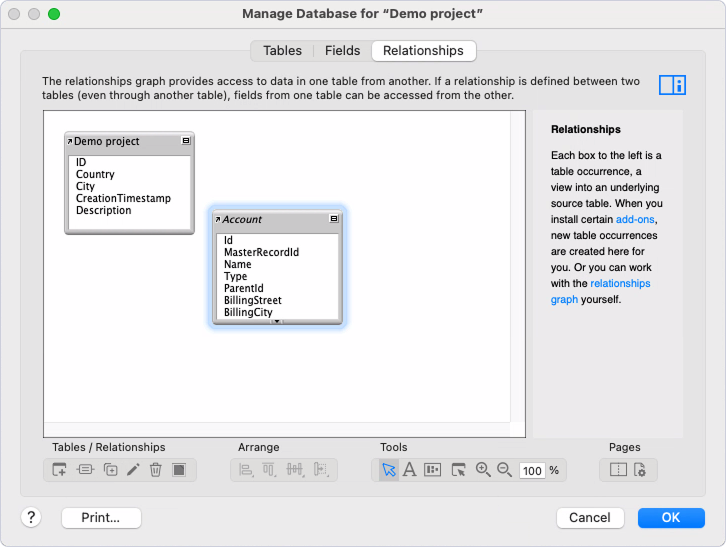The Manage Database dialog with an added table