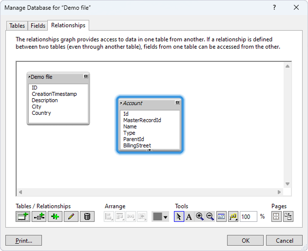 The Manage Database dialog with an added table