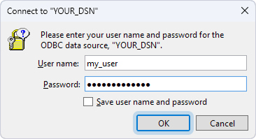 The Connect dialog asking for DSN credentials