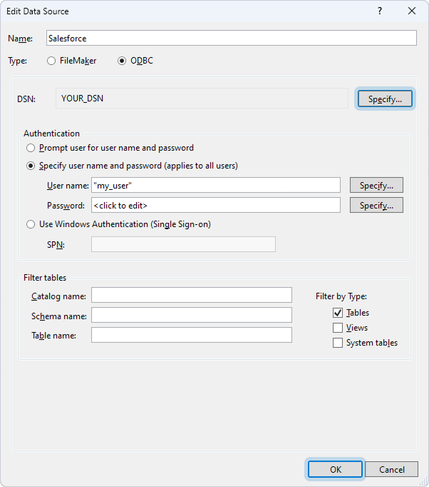 The Edit Data Source dialog with specified data source details