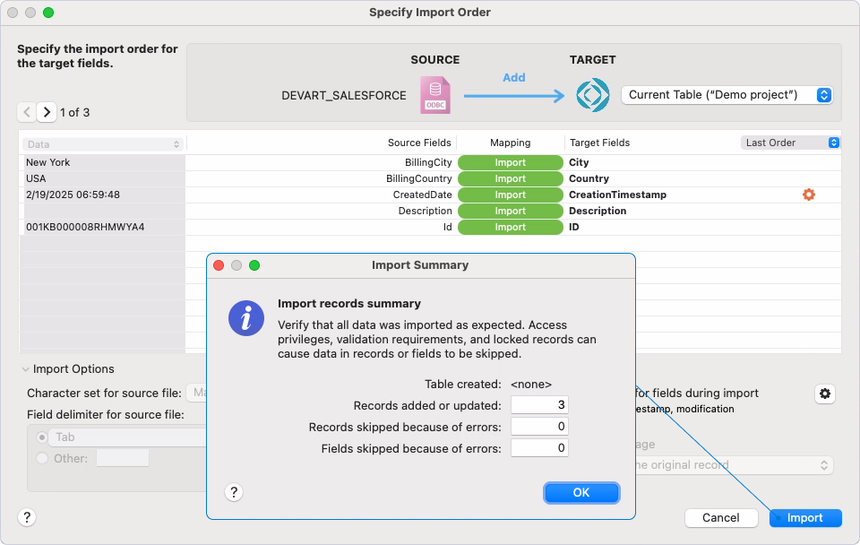 The Specify Import Order dialog with mapped fields and the Import Summary