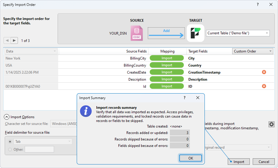 The Specify Import Order dialog with mapped fields and the Import Summary