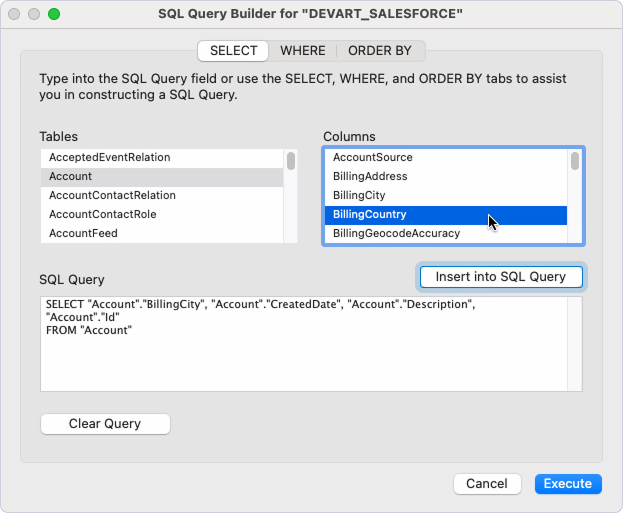 The SQL Query Builder dialog with selected columns and generated SQL query
