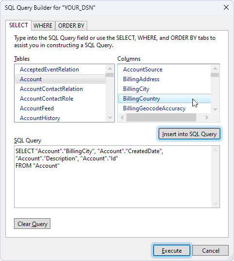 The SQL Query Builder dialog with selected columns and generated SQL query