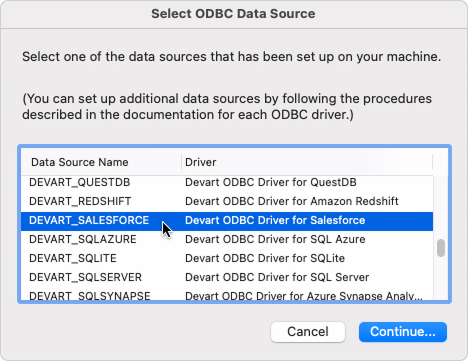 The Select ODBC Data Source dialog