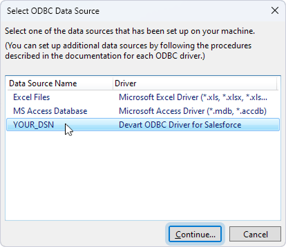 The Select ODBC Data Source dialog