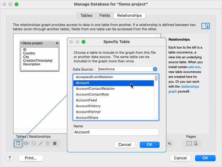 The Manage Database and Specify Table dialogs