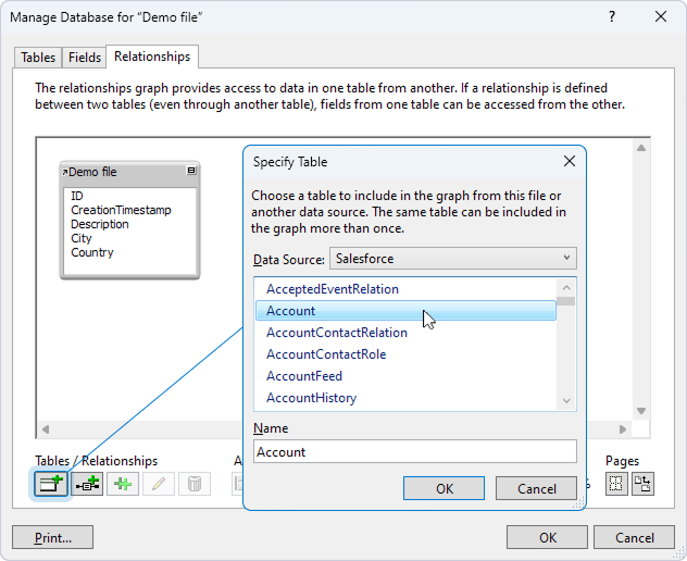 The Manage Database and Specify Table dialogs