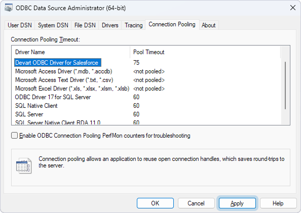 ODBC Data Source Administrator showing the changed Pool Timeout value