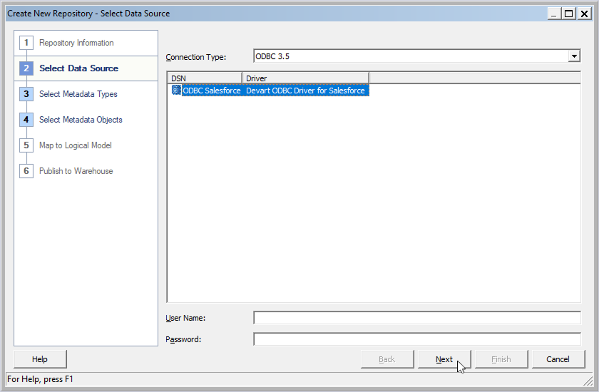 Select the previously configured DSN