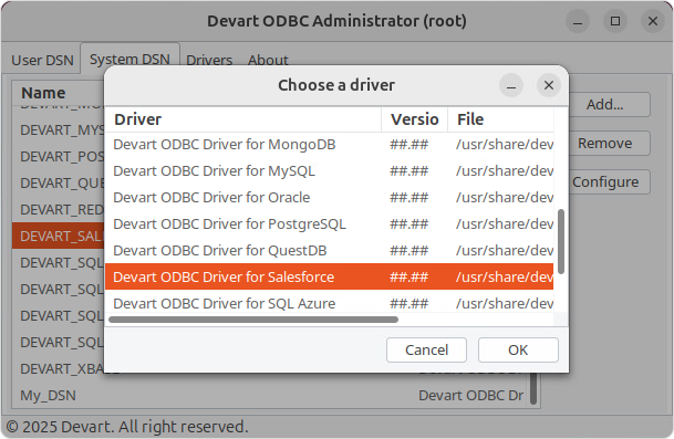 Create a DSN on Linux: choose a driver