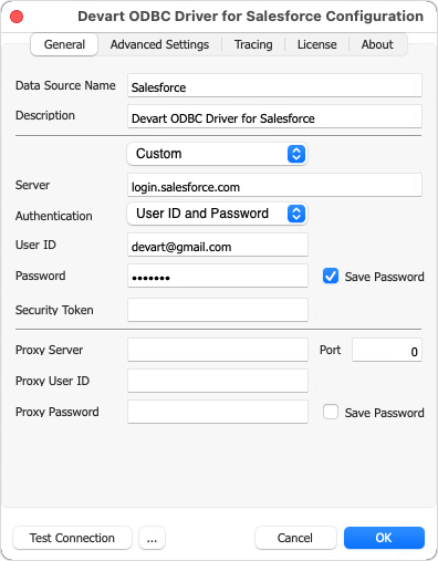 Create a DSN on macOS: connection parameters