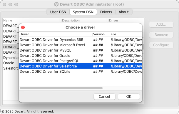 Create a DSN on macOS: choose a driver