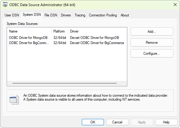 Open the ODBC Data Source Administrator