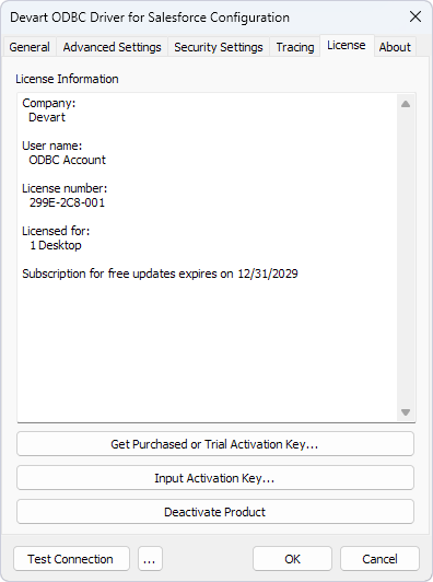 Installed ODBC license information