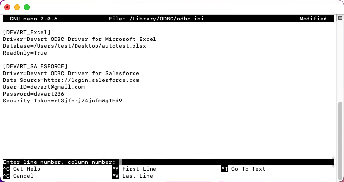 The odbc.ini file opened in a text editor with entered DSN configuration details.