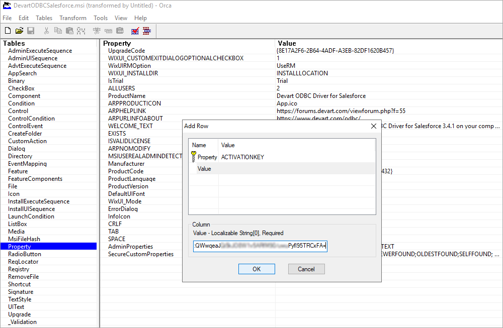 Add property to an MST file using Orca