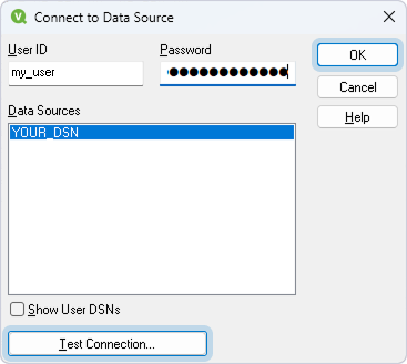 The Connect to Data Source dialog with a selected DSN and entered credentials
