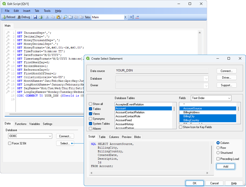 The Create Select Statement dialog with selected tables and fields