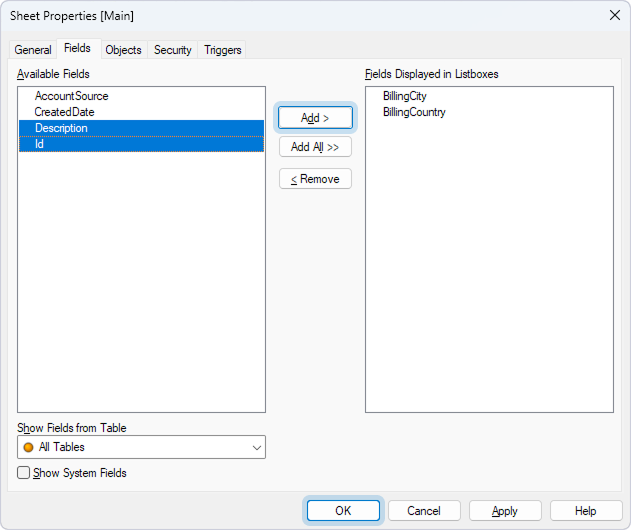 The Sheet Properties dialog with selected fields to be displayed as list boxes