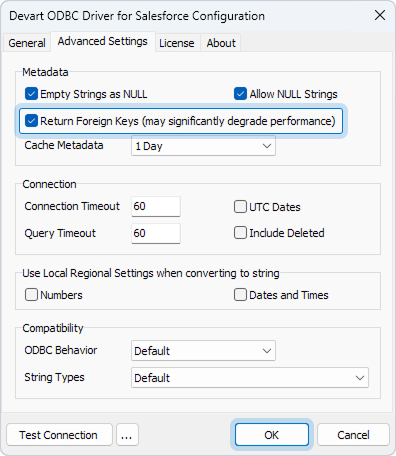 Advanced Settings tab in the Devart ODBC Driver Configuration dialog