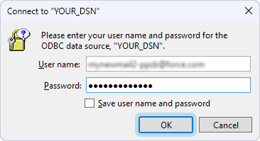 The Connect dialog asking for DSN credentials