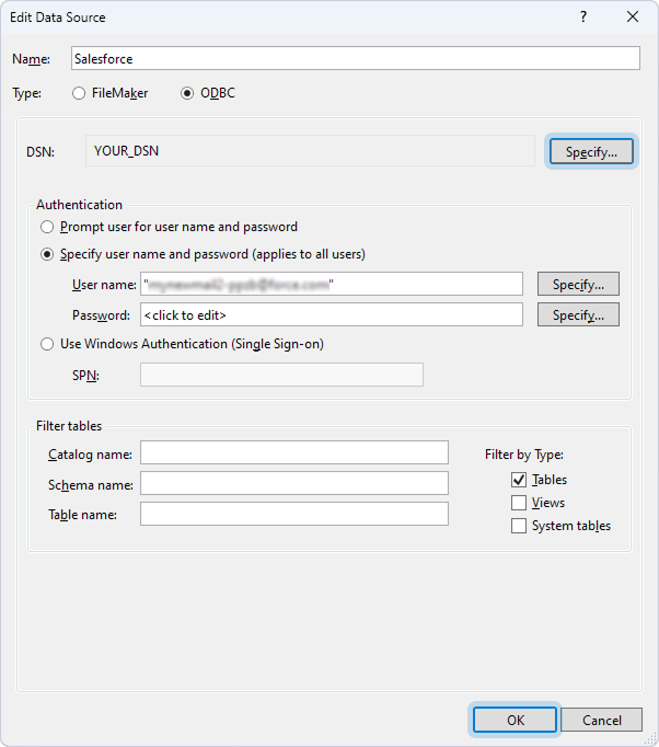 The Edit Data Source dialog with specified data source details