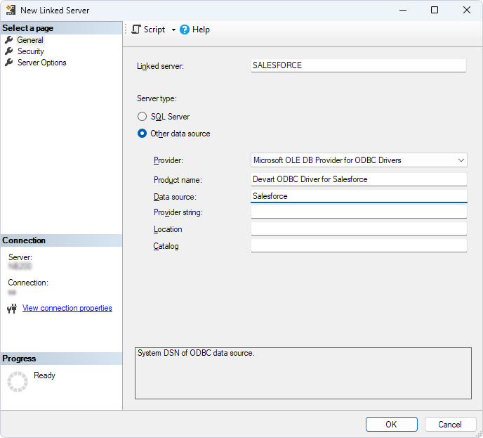 The New Linked Server dialog with fields filled in