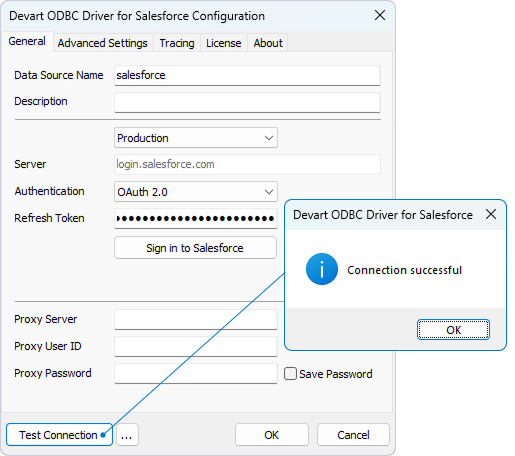 ODBC Driver for Salesforce successful connection