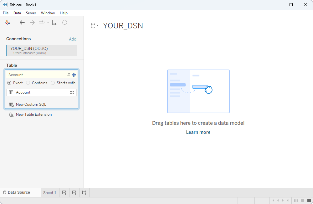 The Data Source page with the added connection