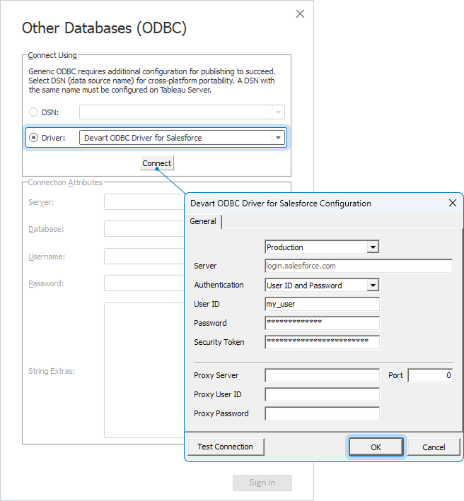 The Other Databases (ODBC) and Devart ODBC Driver for Salesforce Configuration dialogs