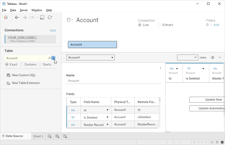 The Data Source page with the displayed table