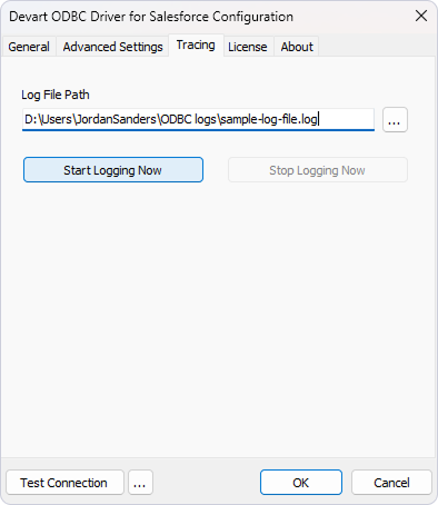 Devart ODBC Driver for Salesforce: Tracing tab