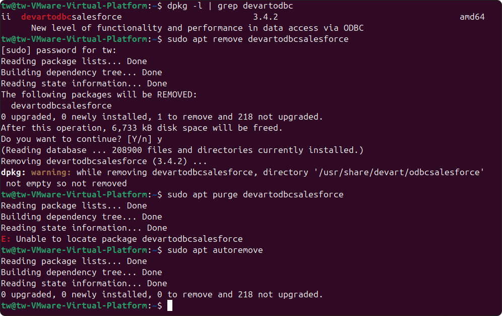 Uninstall ODBC driver on Linux - Ubuntu