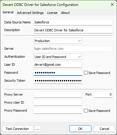 Devart ODBC Driver for Salesforce password authentication Configuration