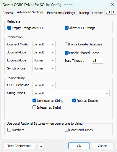 The Advanced Settings tab of the Devart ODBC Driver for SQLite Configuration window