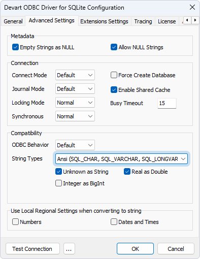 Select Ansi in Advanced Settings of the driver configuration dialog