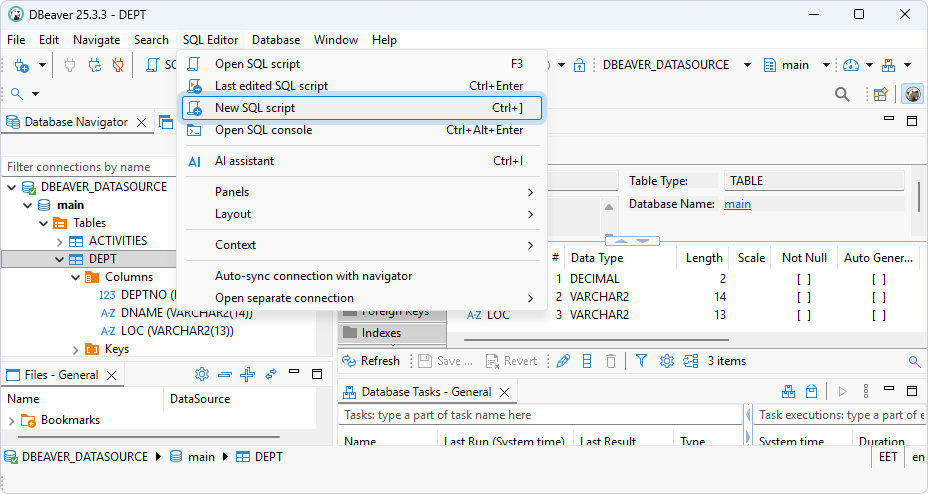 Select SQL Editor > New SQL script in DBeaver Community