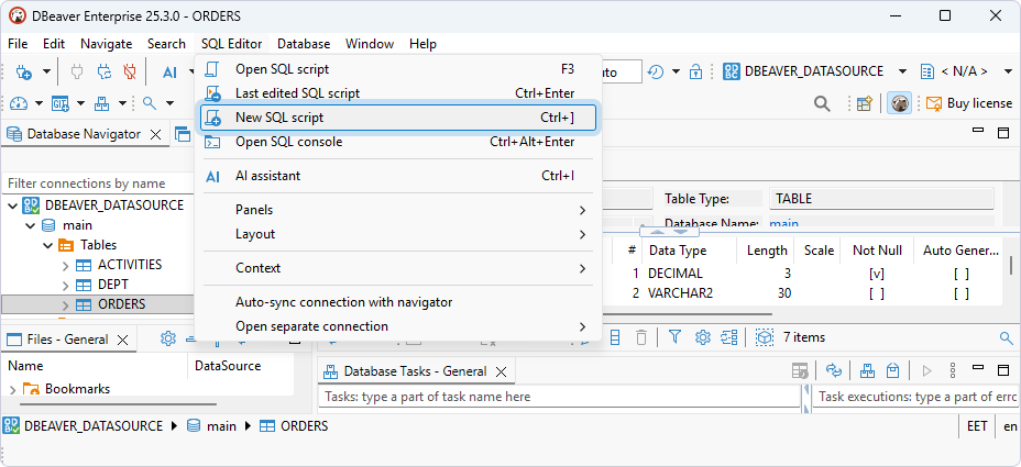 Select SQL Editor > New SQL script in DBeaver Enterprise