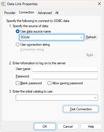 The Data Link Properties dialog with the opened Connection tab