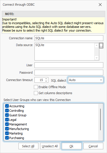 The Connect through ODBC dialog with filled out fields