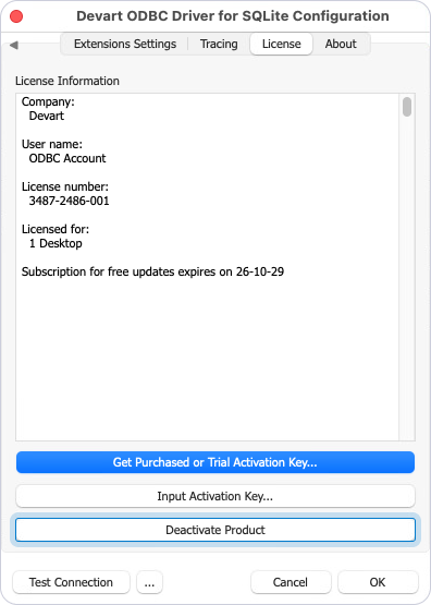 Deactivate Product button highlighted on the License tab in the Devart ODBC Driver for SQLite Configuration dialog