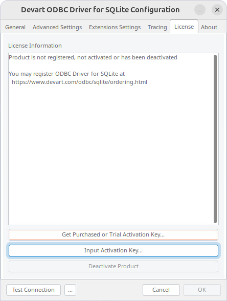 Input Activation Key button highlighted on the License tab in the Devart ODBC Driver Configuration dialog